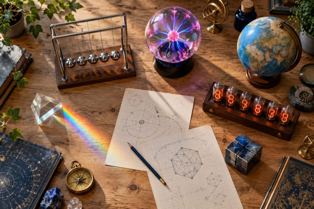 Bureau avec pendule de Newton, lampe plasma, globe terrestre, horloge Nixie, prisme et cube infini